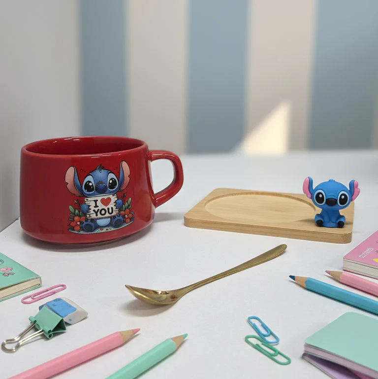Coral Tree Cute Stitch Ceramic Mug with Wooden Tray & Gold Spoon – 1 Pc Gift Set - Image 11