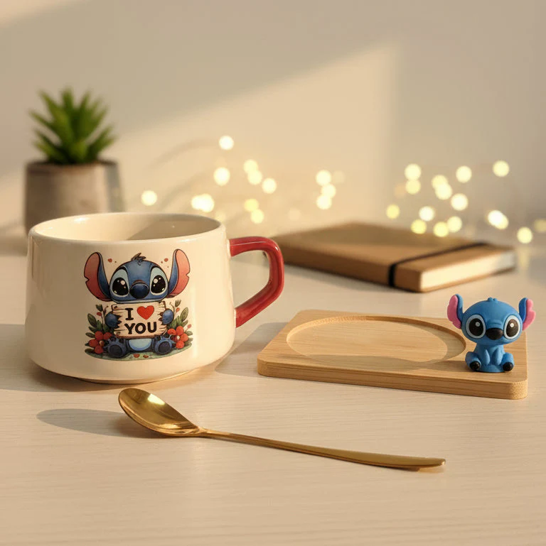 Coral Tree Cute Stitch Ceramic Mug with Wooden Tray & Gold Spoon – 1 Pc Gift Set - Image 6