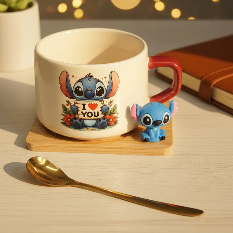 Coral Tree Cute Stitch Ceramic Mug with Wooden Tray & Gold Spoon – 1 Pc Gift Set - Image 7