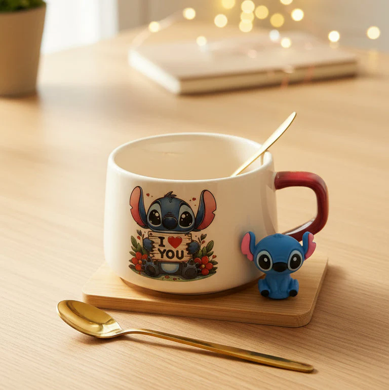Coral Tree Cute Stitch Ceramic Mug with Wooden Tray & Gold Spoon – 1 Pc Gift Set - Image 8