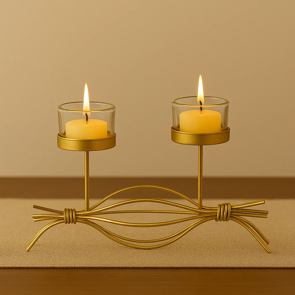 Coral Tree Golden Double T-Light Candle Holder with Glass Cups – Elegant Metal Candle Stand for Home Décor, Puja & Festive Lighting - Image 2