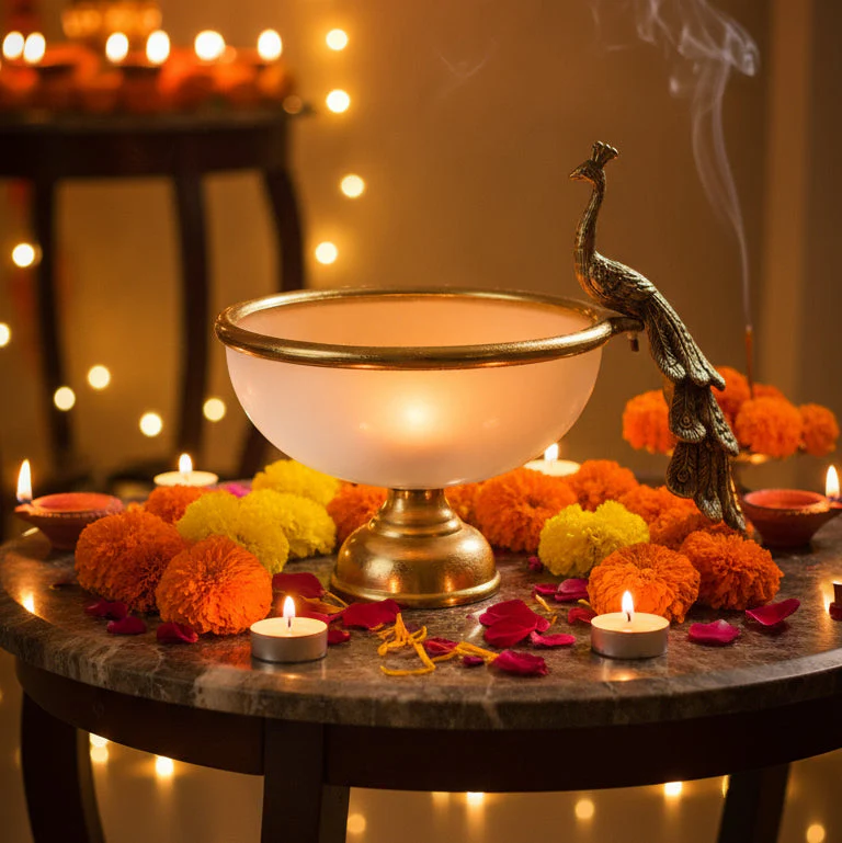 Coral Tree Golden Peacock Metal & Glass Urli Bowl – Festive Diwali Décor - Image 2