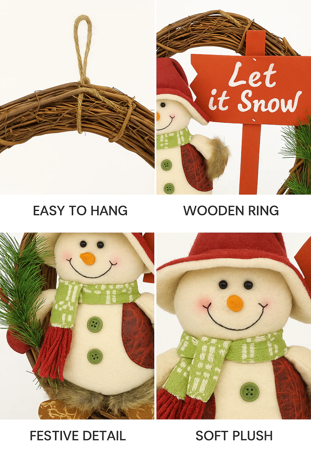 Coral Tree “Let It Snow” Christmas Wreath with Adorable Snowman  Handmade Natural Wooden Ring with plush snowman - Image 4