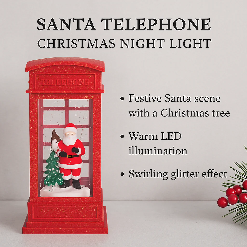 Coral Tree Red Santa Telephone Booth Christmas Night Lamp – Glitter Light Decoration with LED Glow & Pre-Installed Battery - Image 4