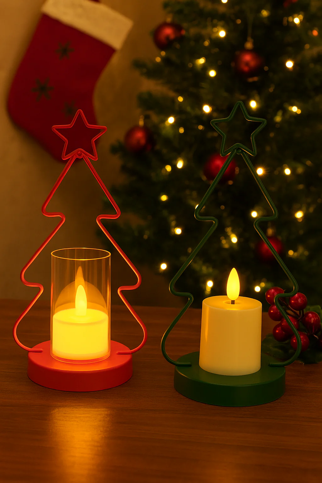 Coral Tree Set of 2 LED Christmas Tree Candle Holders – Red & Green Festive Lights - Image 4