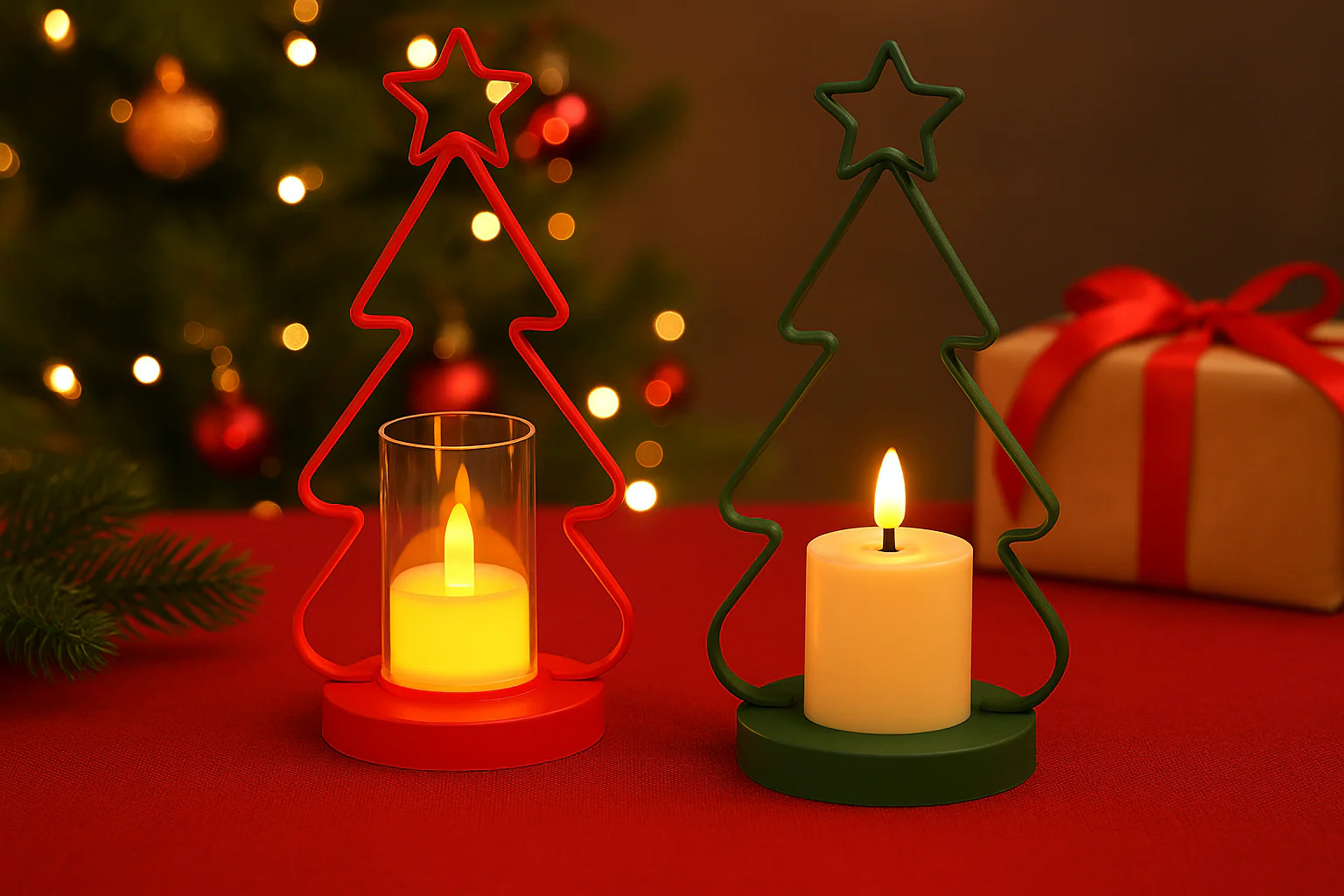 Coral Tree Set of 2 LED Christmas Tree Candle Holders – Red & Green Festive Lights - Image 5