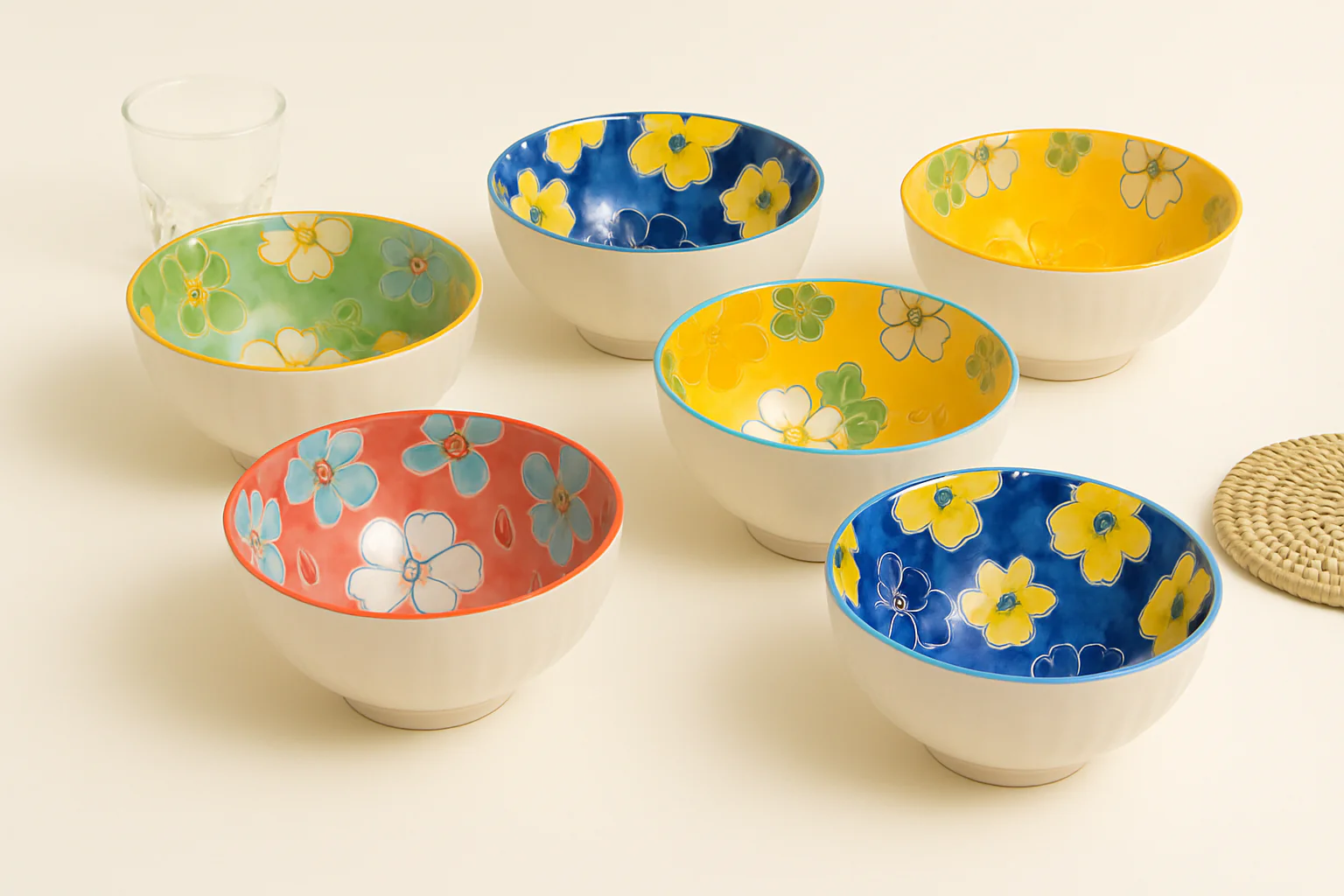 Coral Tree Set of 6 Ceramic Bowls | Hand-Painted Floral Design - Image 4