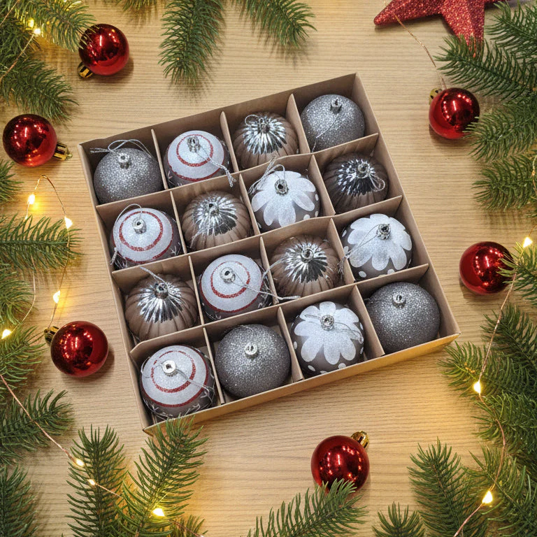 Coral Tree Silver & Red Christmas Tree Bauble Ornament Set – Pack of 16 - Image 2