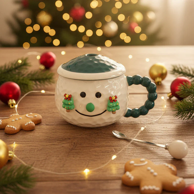 Coral Tree Snowman Ceramic Mug with Lid – Christmas Special - Image 2