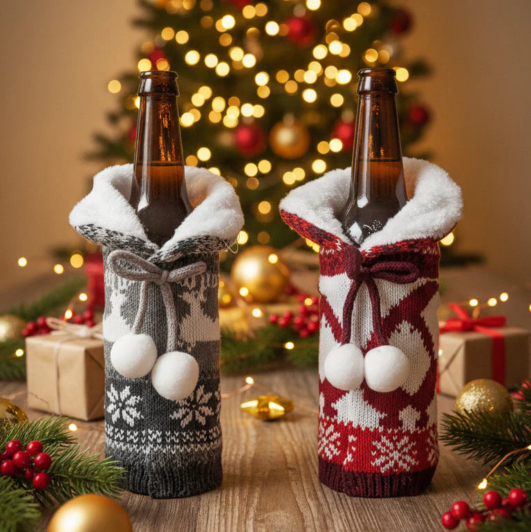 Coral Tree Woolen Christmas Wine Bottle Covers – Reindeer, Snowflake & Snowman - Image 3