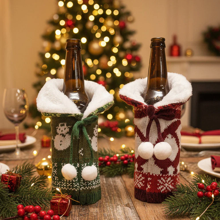Coral Tree Woolen Christmas Wine Bottle Covers – Reindeer, Snowflake & Snowman - Image 5
