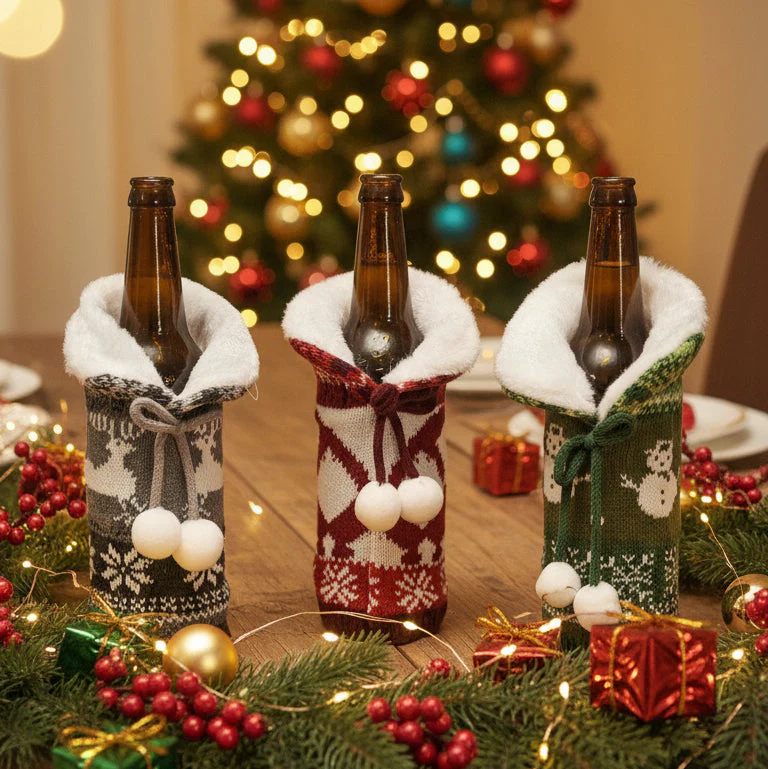 Coral Tree Woolen Christmas Wine Bottle Covers – Reindeer, Snowflake & Snowman - Image 8