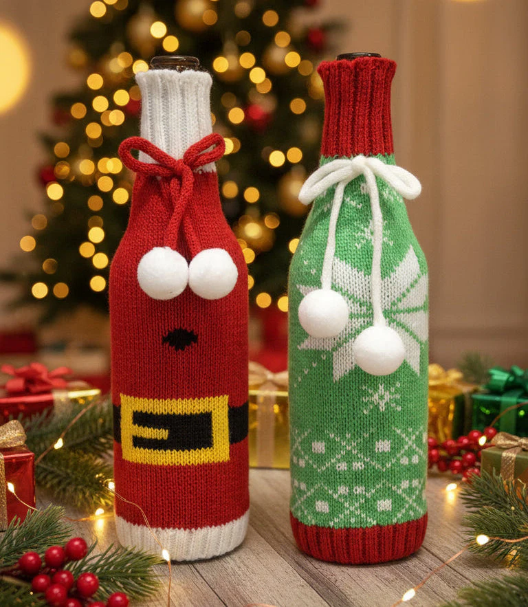Coral Tree Woolen Christmas Wine Covers – Santa, Snowflake & Reindeer Design - Image 2