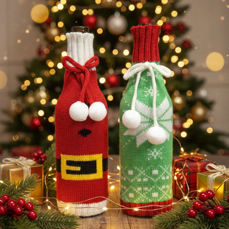 Coral Tree Woolen Christmas Wine Covers – Santa, Snowflake & Reindeer Design - Image 3