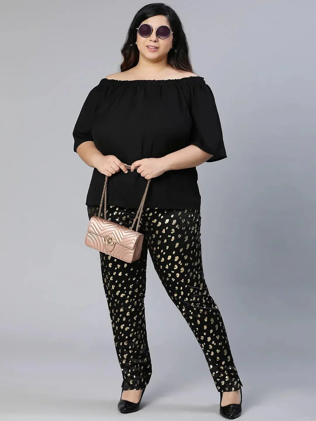 Core Black Foil Print Women Plus Size Pant - Image 8