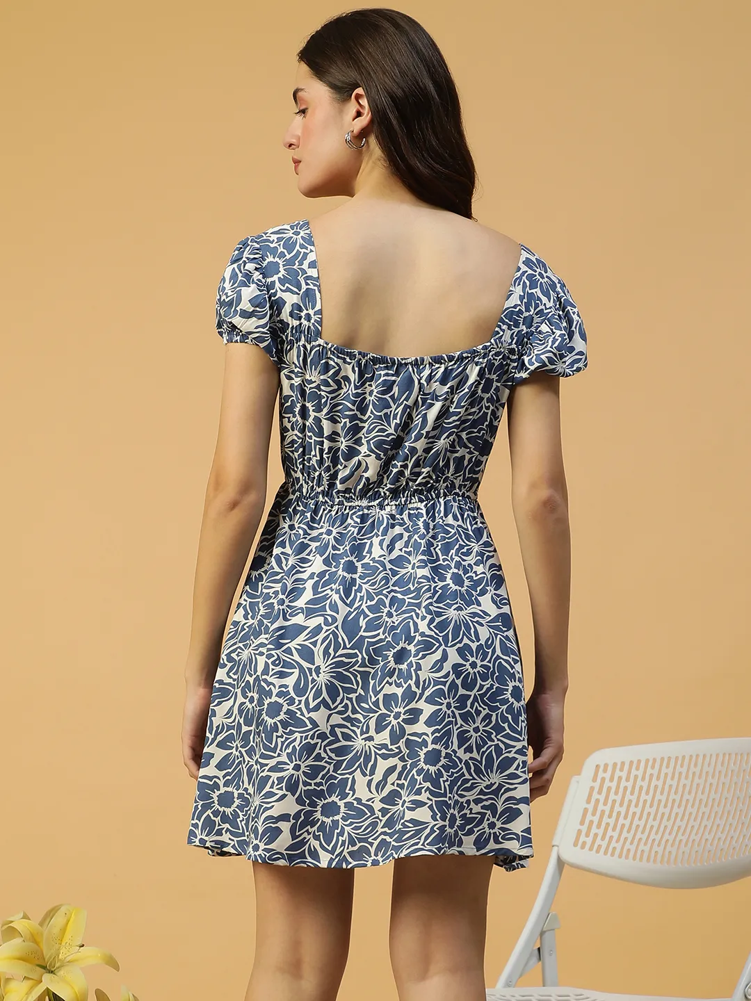 Core Navy Blue Floral Print Short Sleeve Elasticated Women midi dress - Image 4