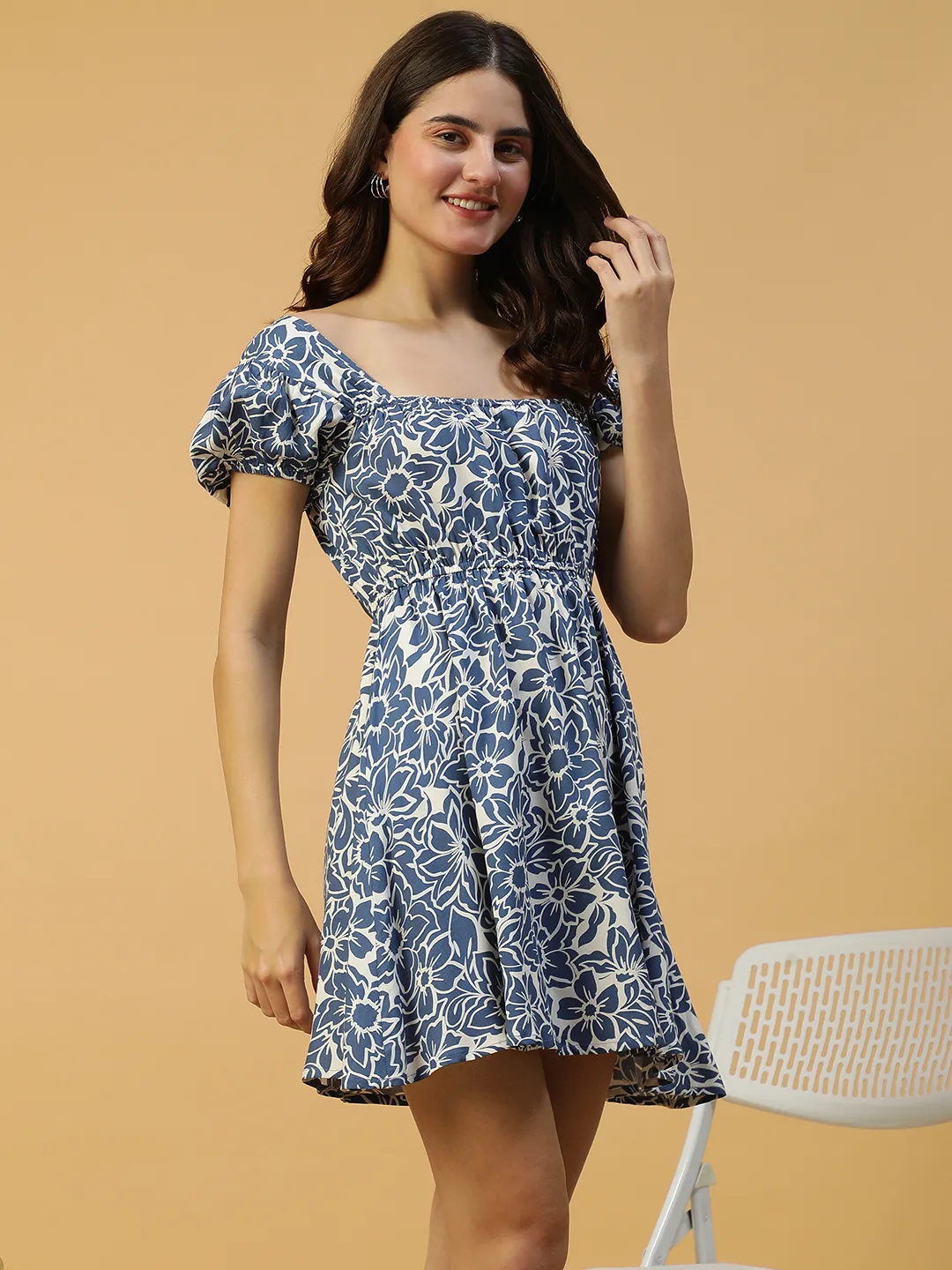 Core Navy Blue Floral Print Short Sleeve Elasticated Women midi dress - Image 5