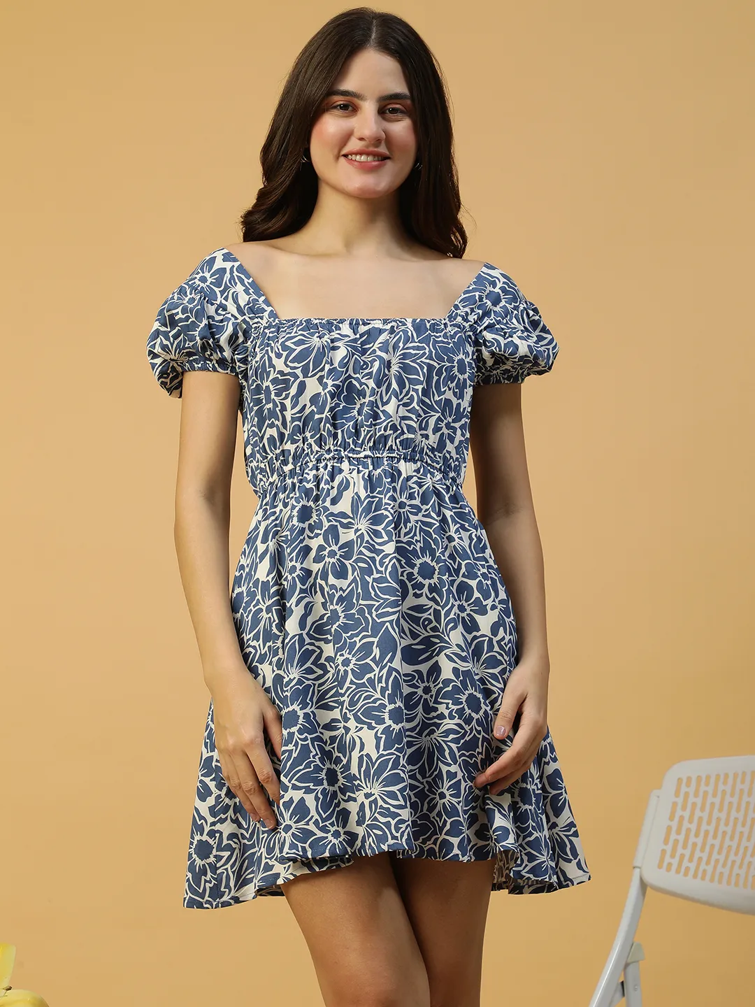 Core Navy Blue Floral Print Short Sleeve Elasticated Women midi dress - Image 8