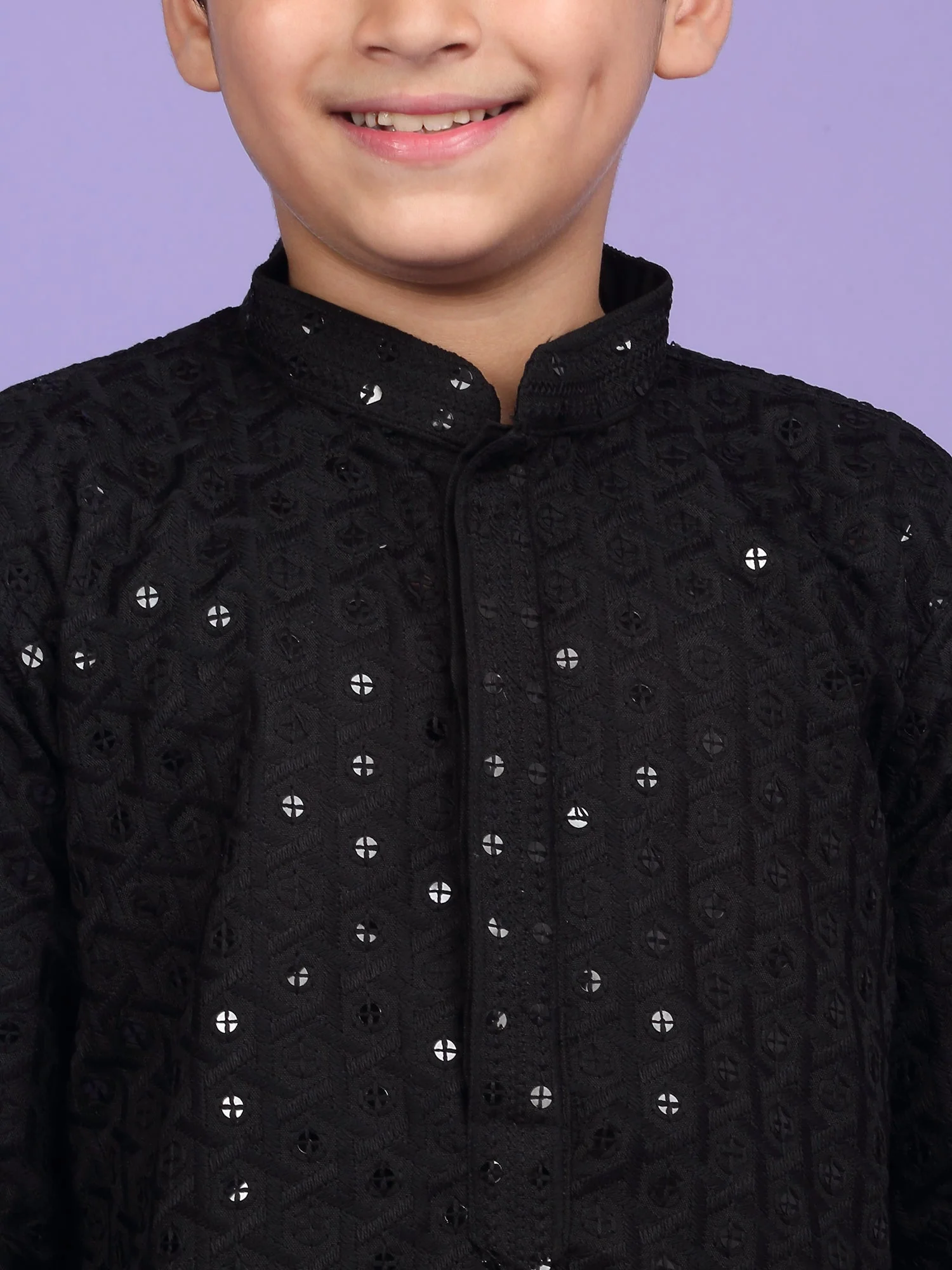 Cotton Blend Chikan Embroidered Sequinced Kurta - Image 3