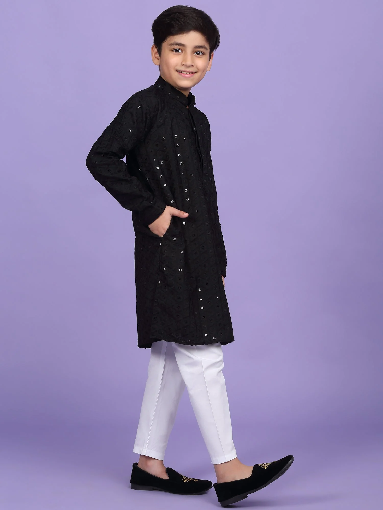 Cotton Blend Chikan Embroidered Sequinced Kurta - Image 4