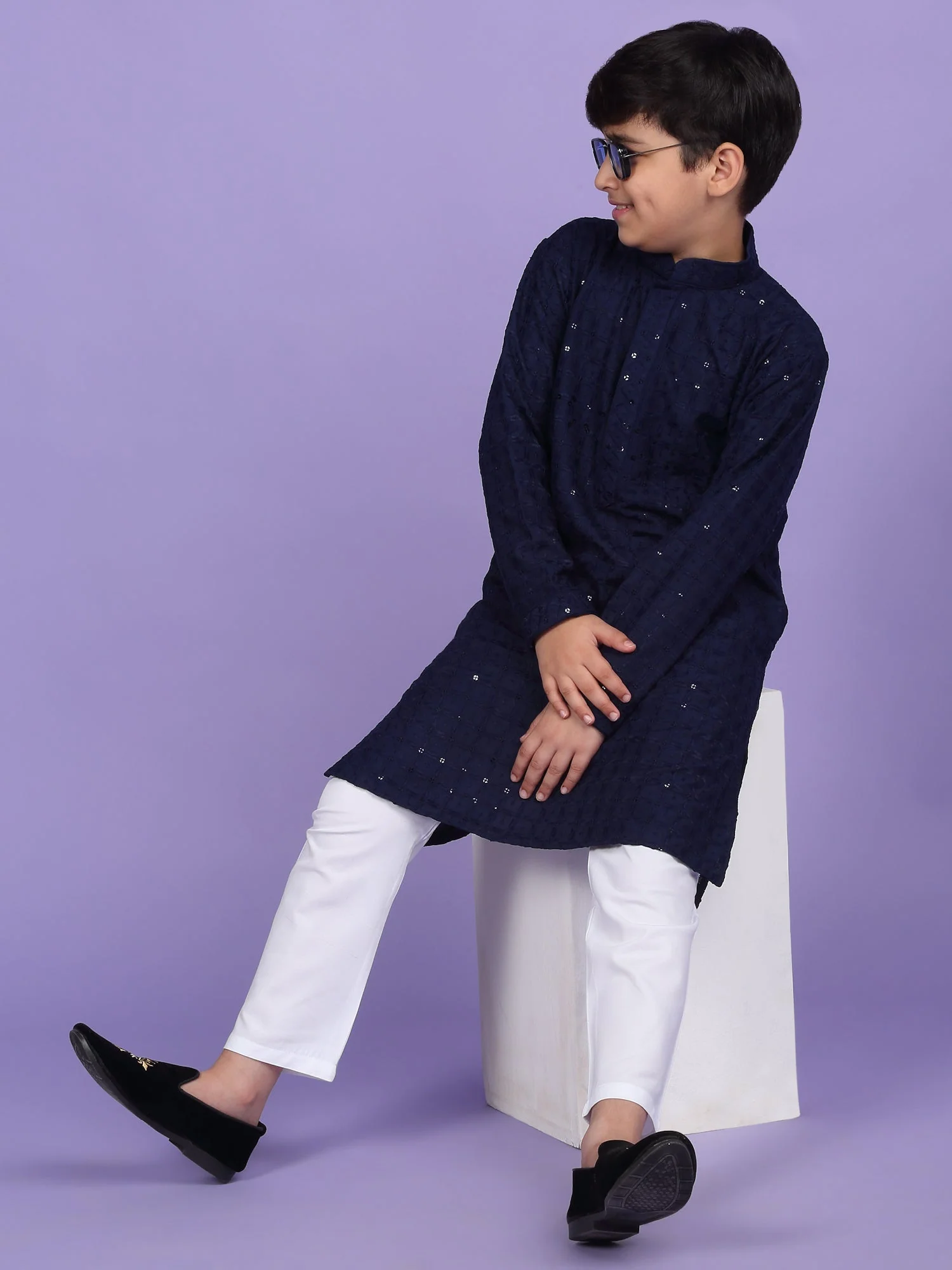 Cotton Blend Chikan Embroidered Sequinced Kurta Set - Image 236