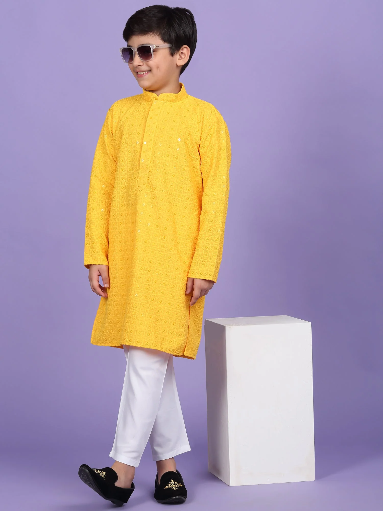 Cotton Blend Chikan Embroidered Sequinced Kurta Set - Image 68