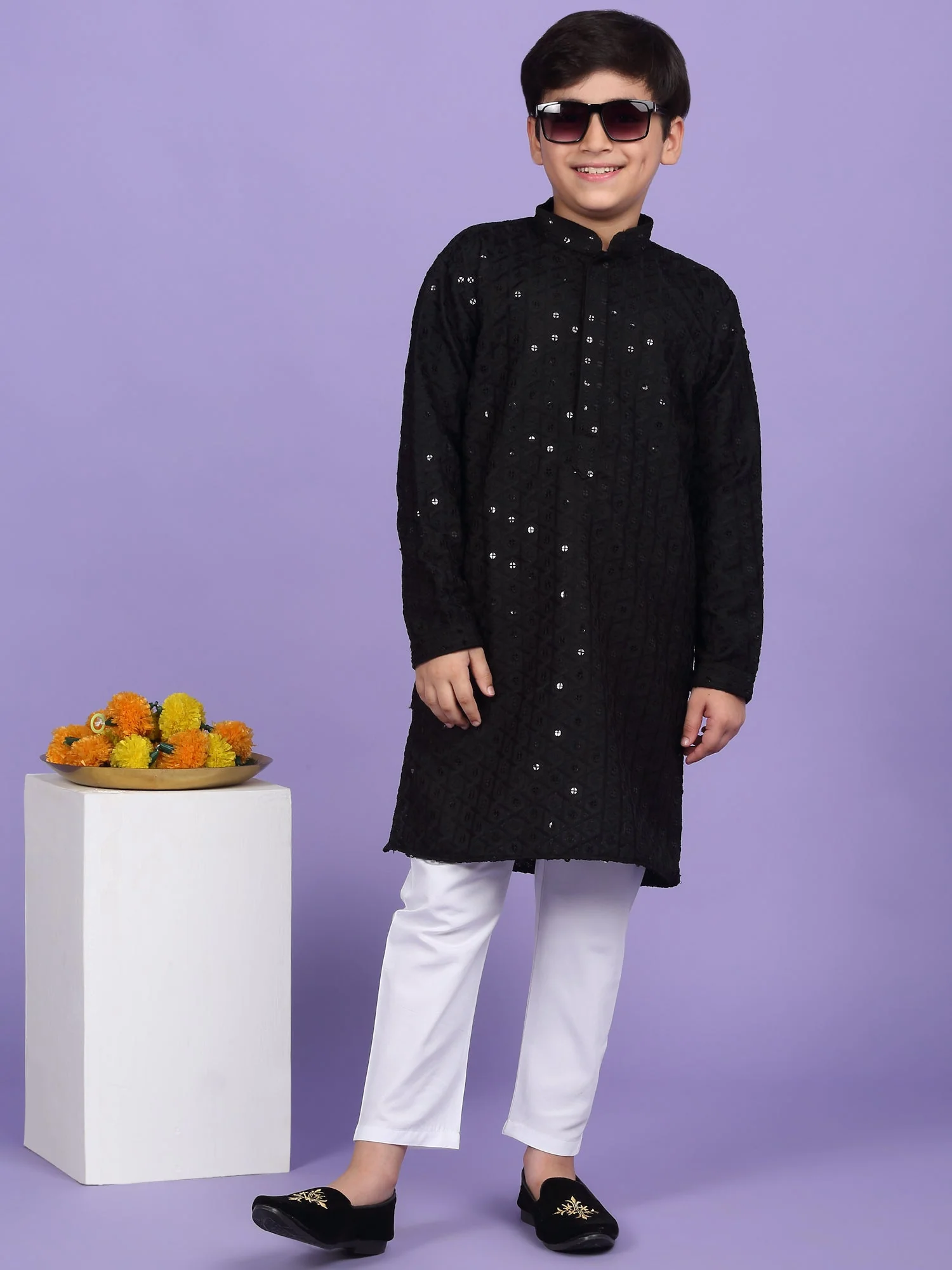 Cotton Blend Chikan Embroidered Sequinced Kurta Set - Image 99