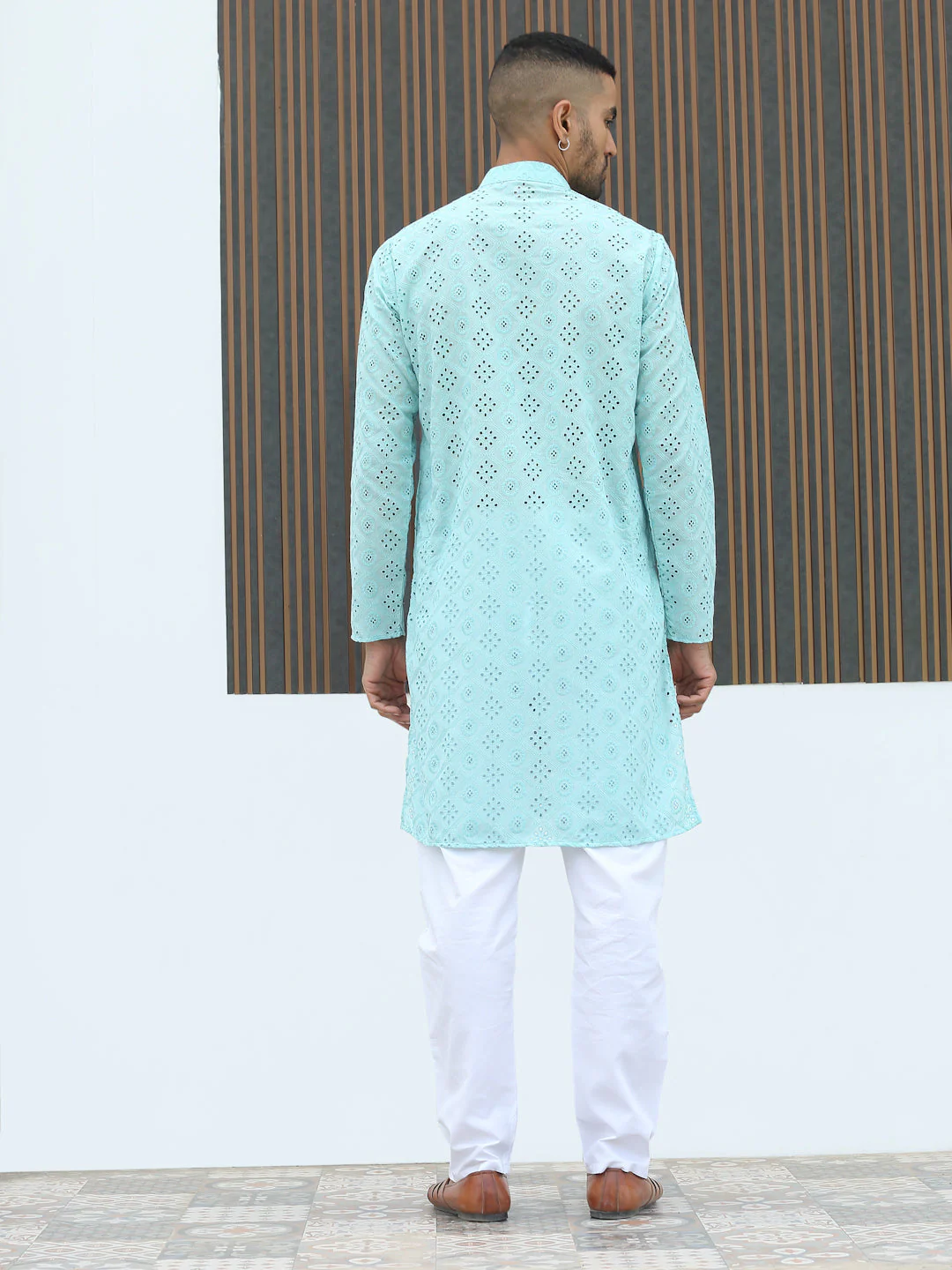 Cotton Blend Chikankari Self Design Embroidered Kurta with elastic Waistband Pyjama set - Image 14