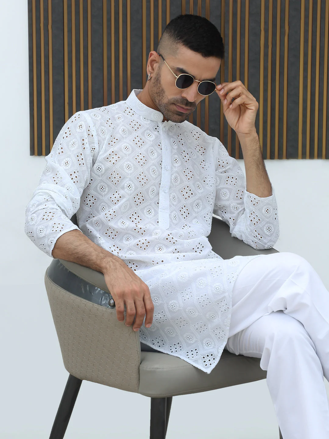 Cotton Blend Chikankari Self Design Embroidered Kurta with elastic Waistband Pyjama set - Image 23