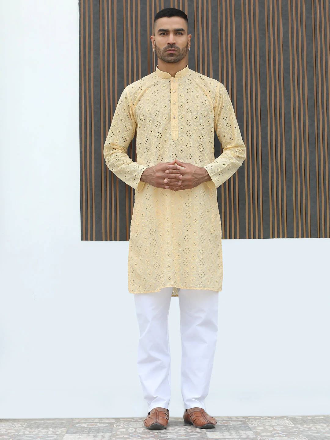 Cotton Blend Chikankari Self Design Embroidered Kurta with elastic Waistband Pyjama set - Image 29
