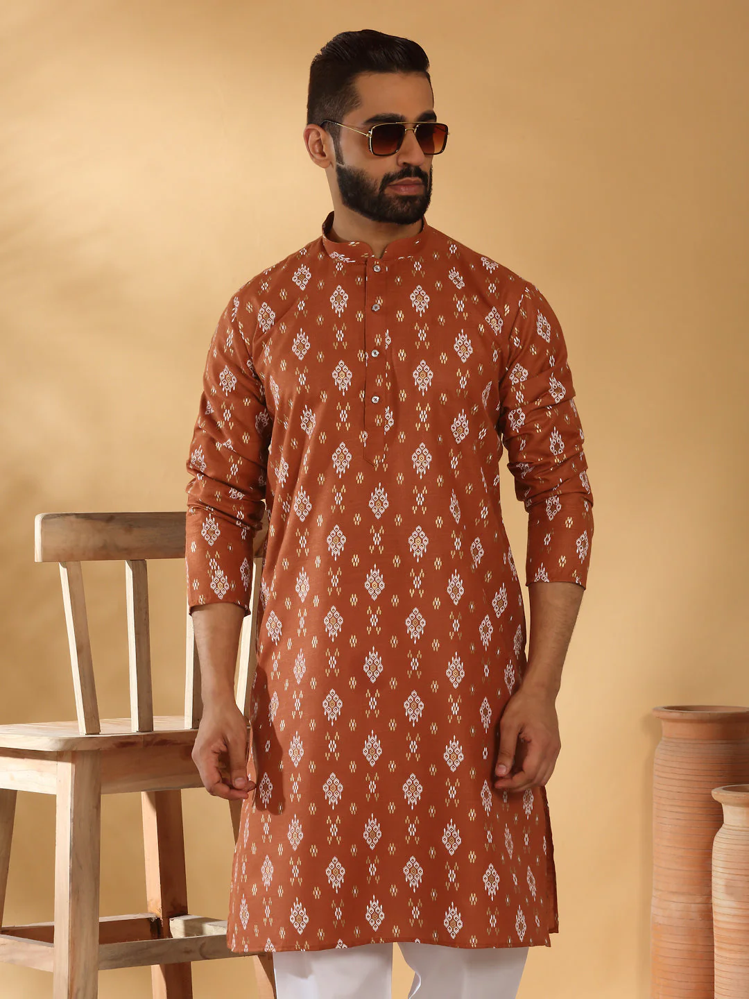 Cotton Blend Geometric Printed Straight Long Regular Kurta and Elastic Waistband Pyjama Set - Image 23