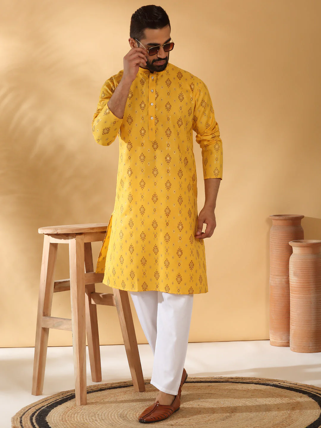 Cotton Blend Geometric Printed Straight Long Regular Kurta and Elastic Waistband Pyjama Set - Image 25
