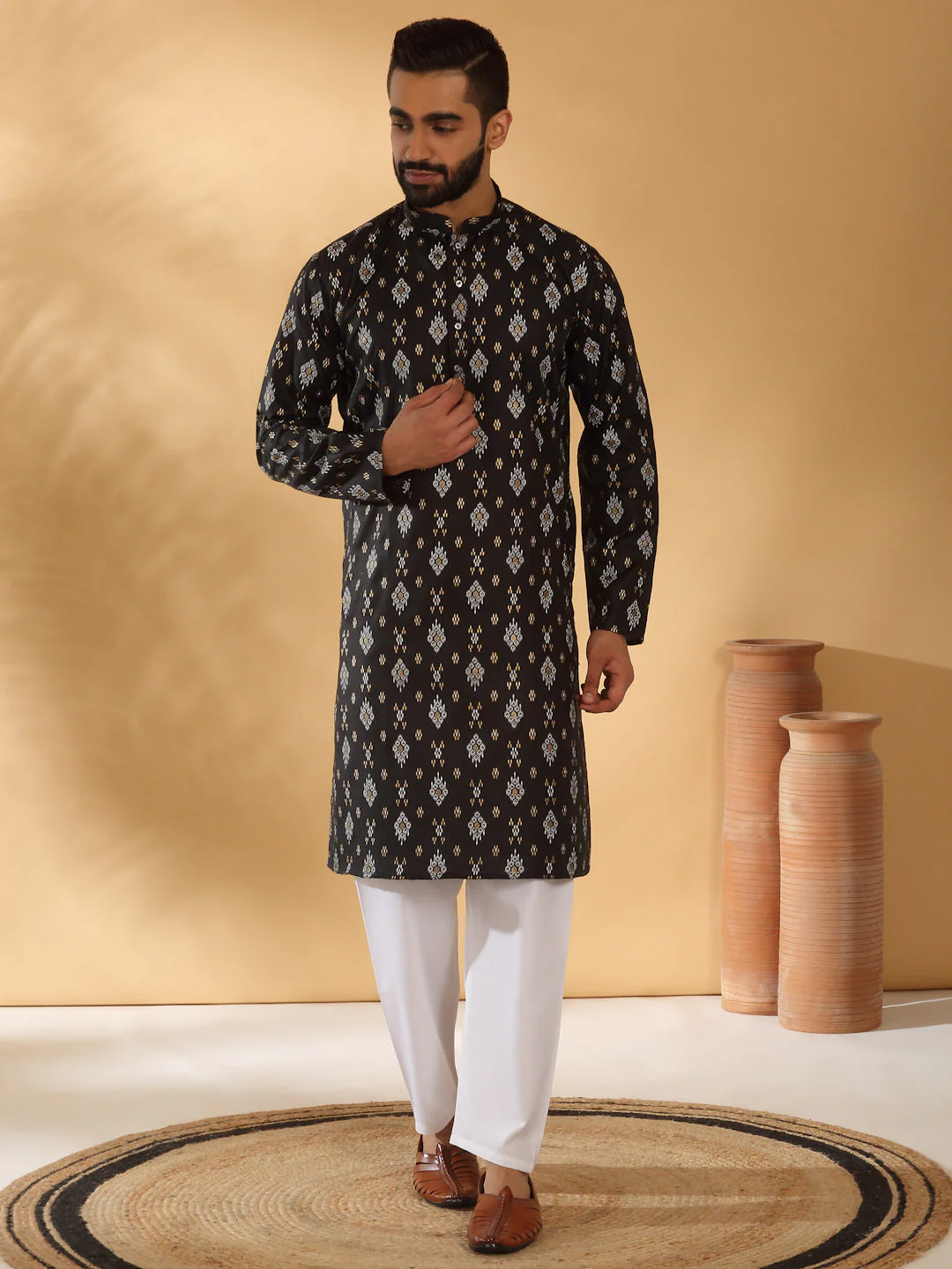 Cotton Blend Geometric Printed Straight Long Regular Kurta and Elastic Waistband Pyjama Set - Image 6