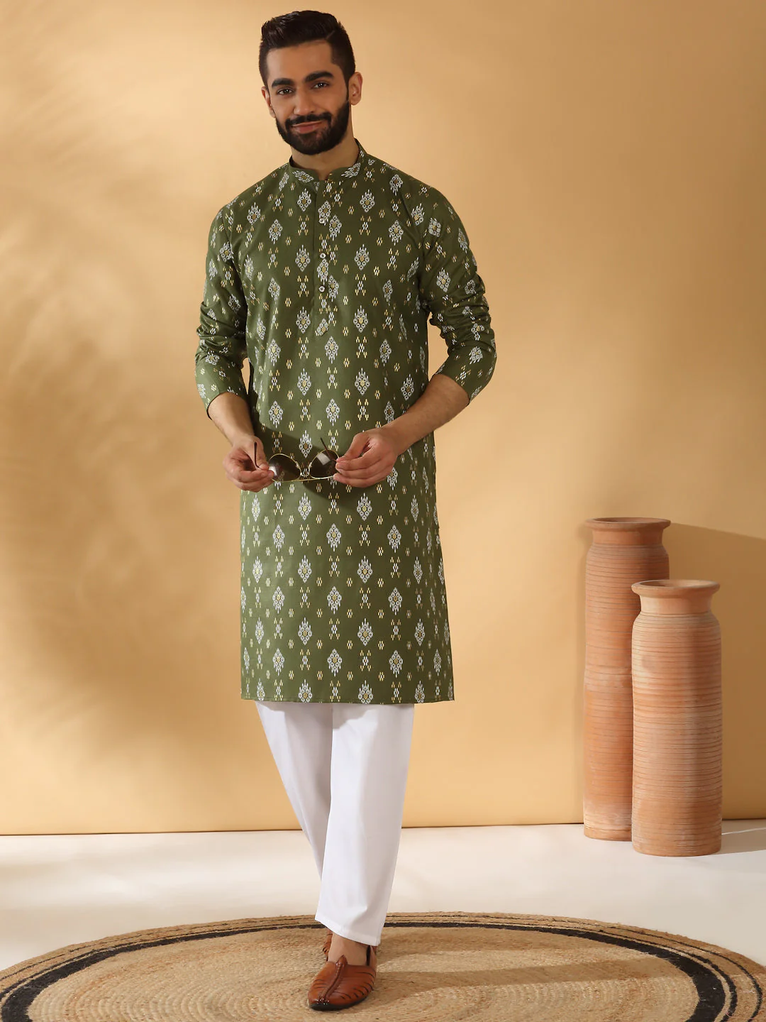 Cotton Blend Geometric Printed Straight Long Regular Kurta and Elastic Waistband Pyjama Set - Image 7
