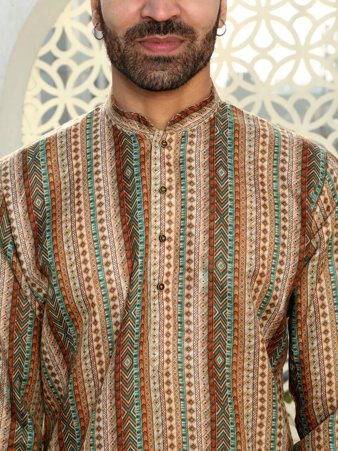 Cotton Chevron Printed Beige Kurta with white Elastic waistband Pyjama set - Image 3