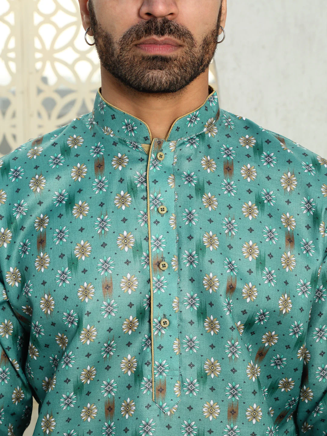 Cotton Floral Print Regular Kurta Contrast Rust Piping on Collar - Image 13