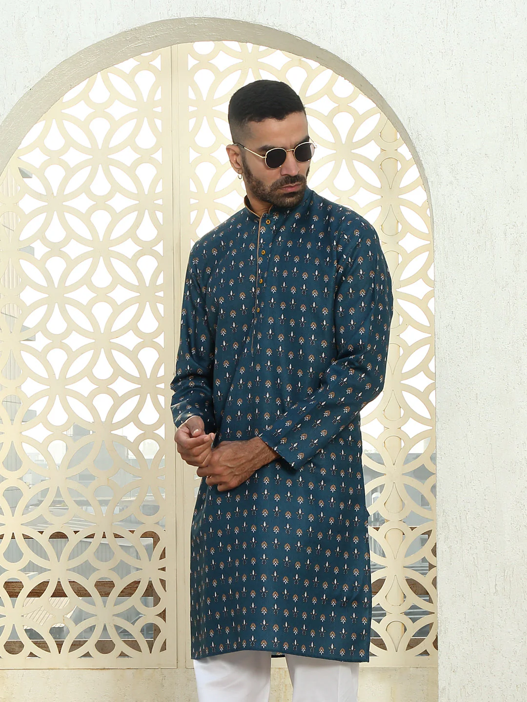 Cotton Floral Print Regular Kurta with Contrast Piping on Collar and white Elastic waistband Pyjama set - Image 5