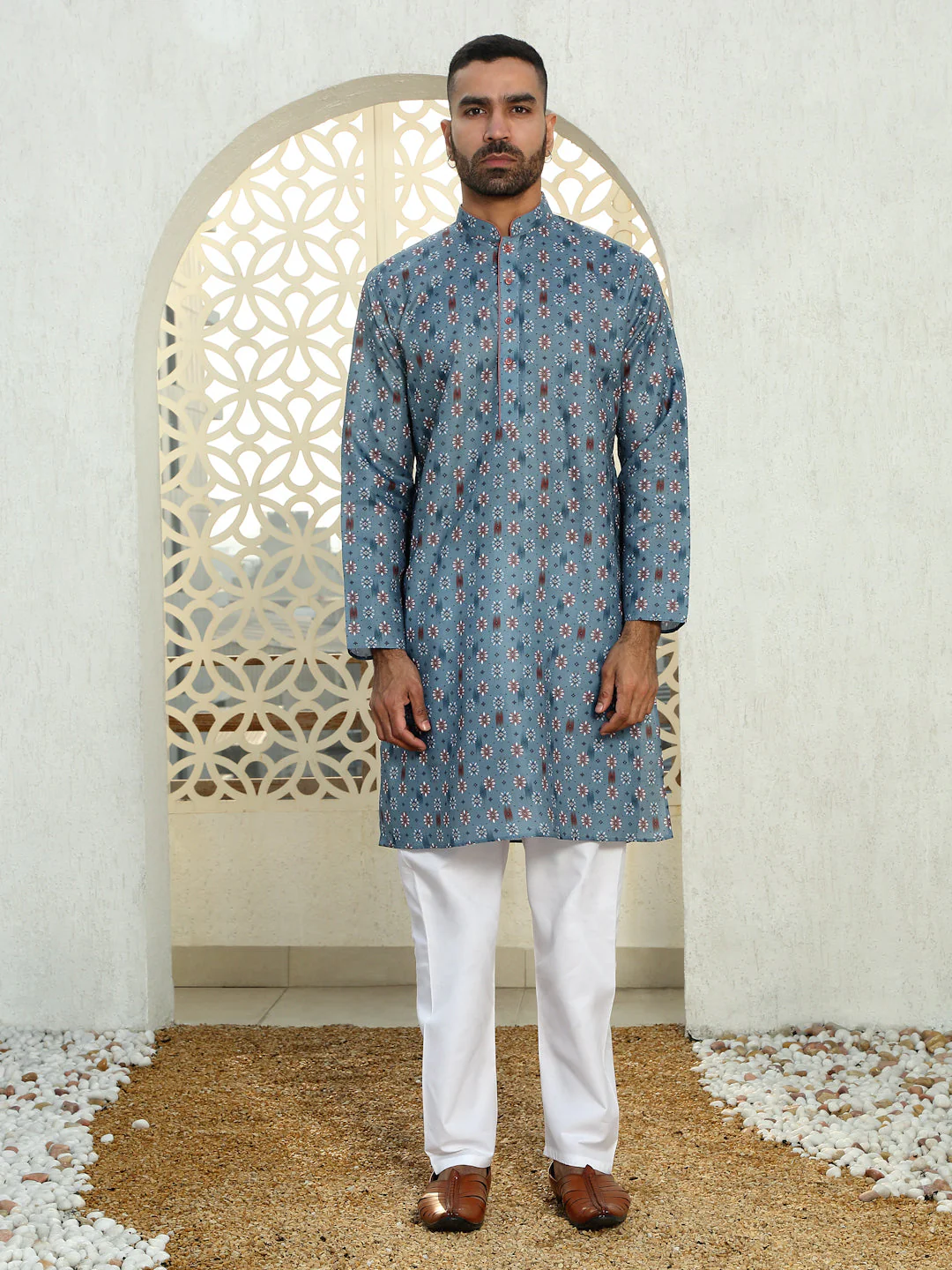 Cotton Floral Print Regular Kurta with Contrast Rust Piping on Collar and white Elastic waistband Pyjama set - Image 6