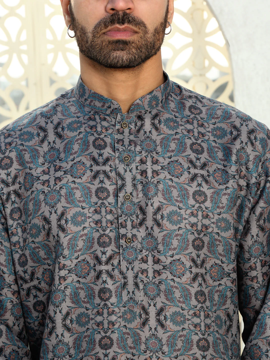 Cotton Floral Printed Kurta with white Elastic waistband Pyjama set - Image 3