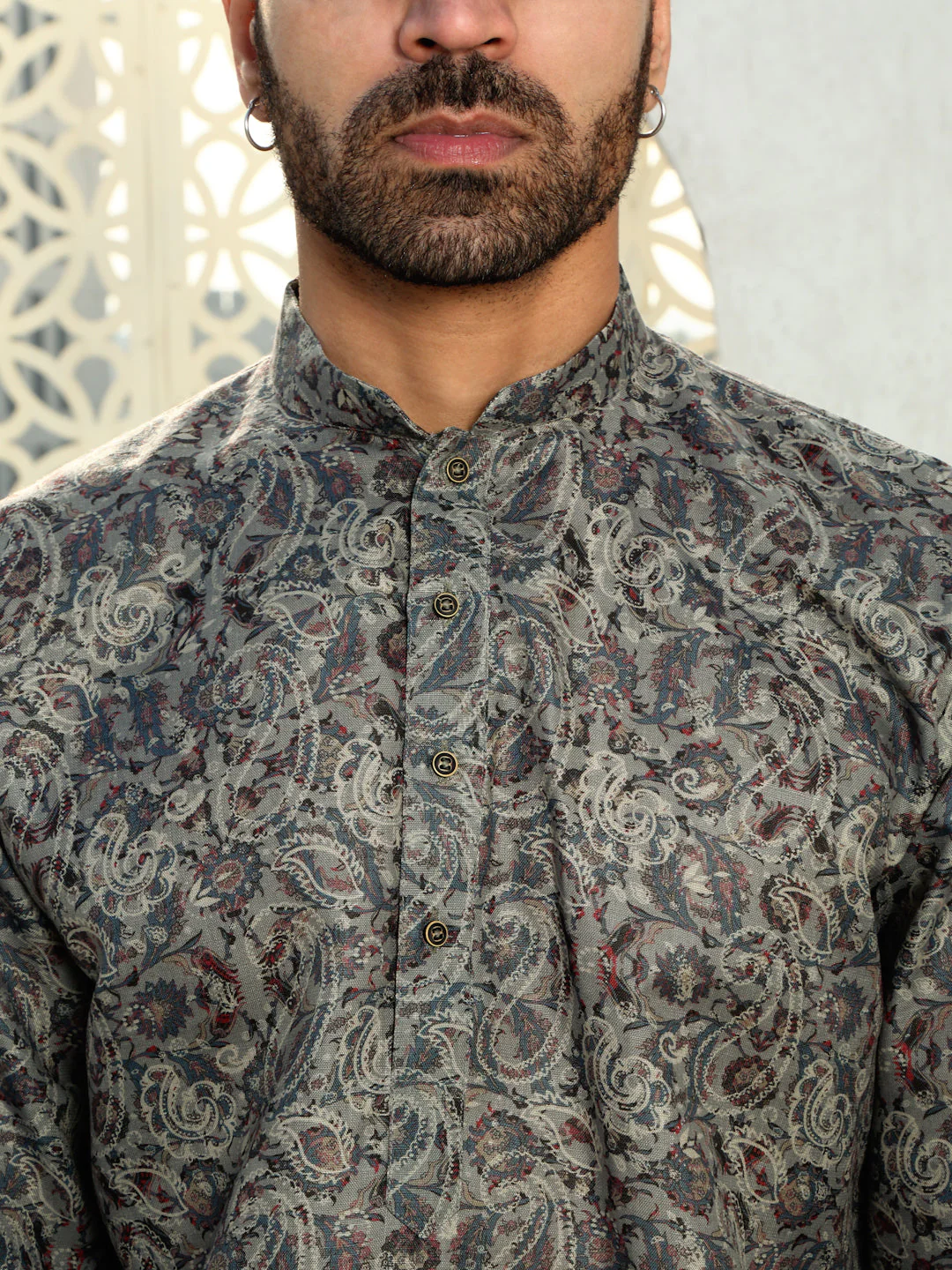 Cotton Floral Printed Kurta with white Elastic waistband Pyjama set - Image 9