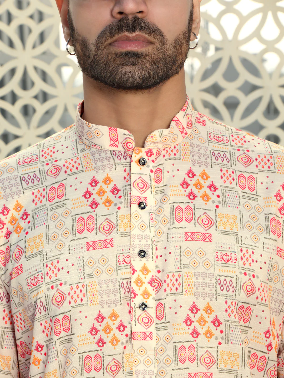 Cotton Geometric Printed Straight Kurta and Elastic Waistband Pyjama Set - Image 9