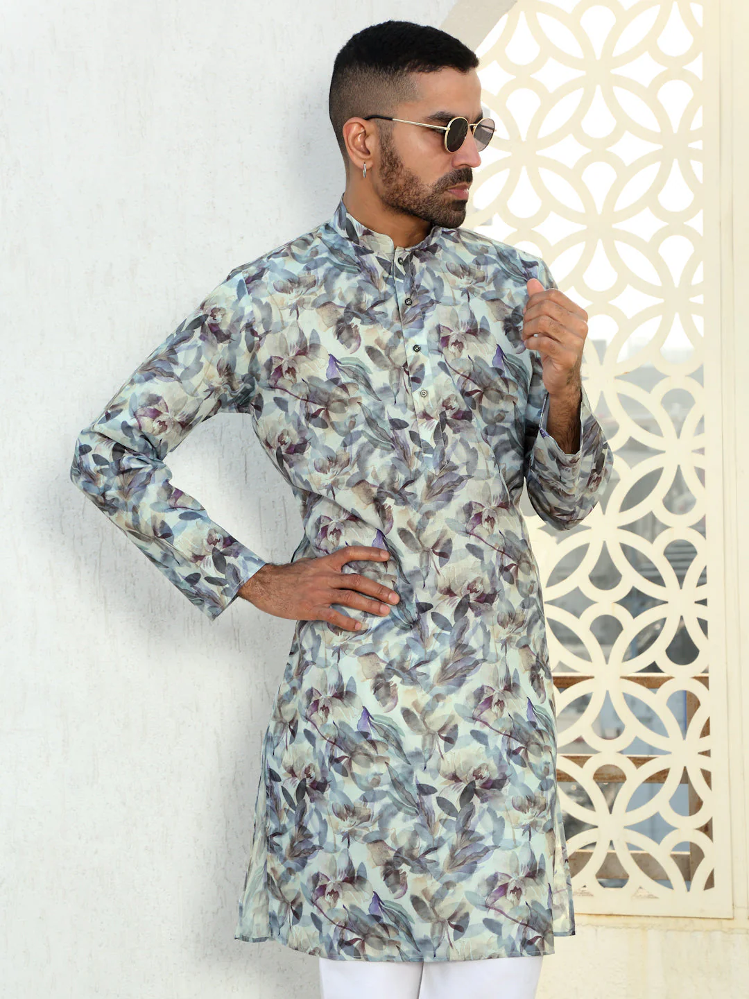 Cotton Leaf Printed Mandarin Collar Long Sleeves Kurta with white Elastic waistband Pyjama set - Image 11