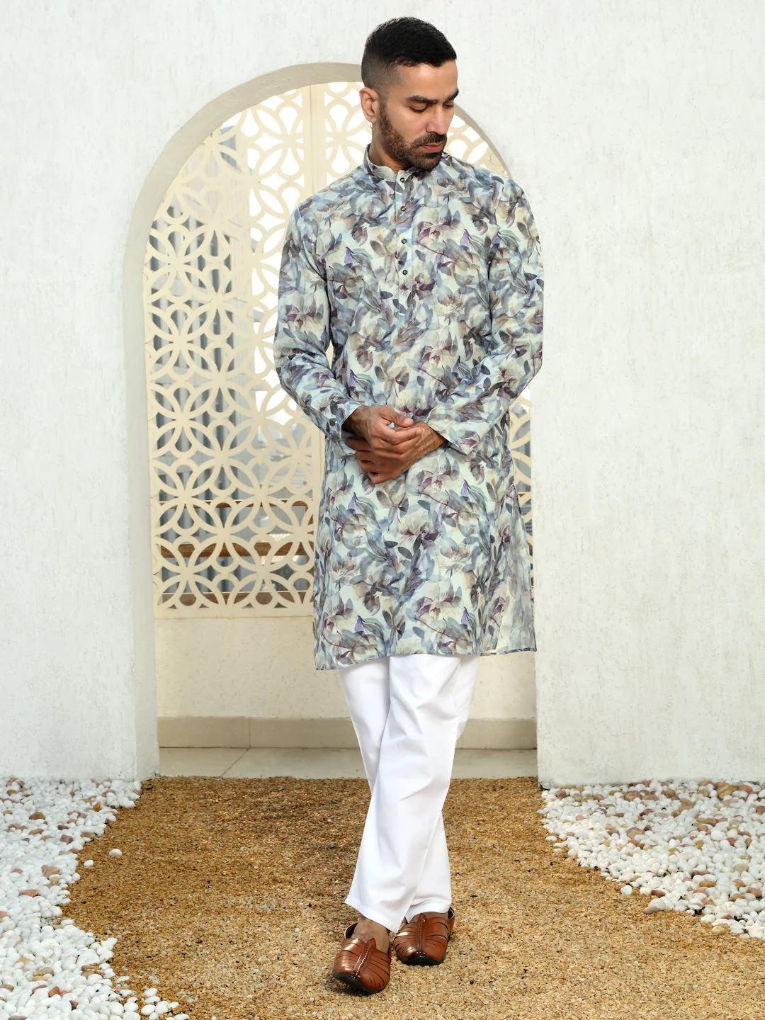 Cotton Leaf Printed Mandarin Collar Long Sleeves Kurta with white Elastic waistband Pyjama set - Image 12