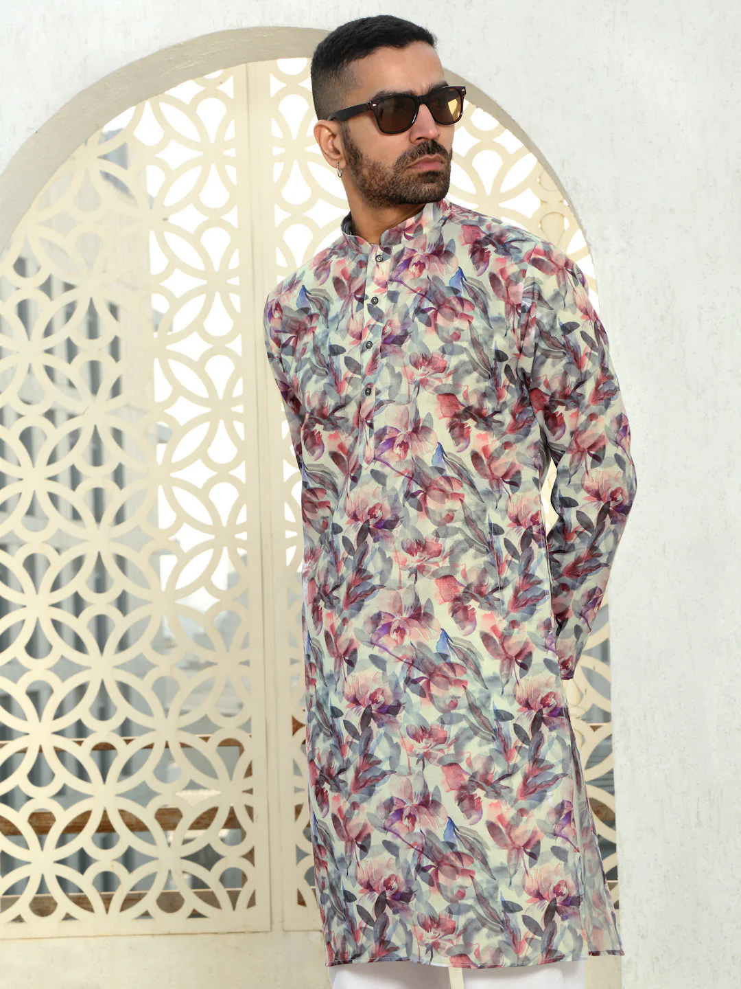 Cotton Leaf Printed Mandarin Collar Long Sleeves Kurta with white Elastic waistband Pyjama set - Image 17