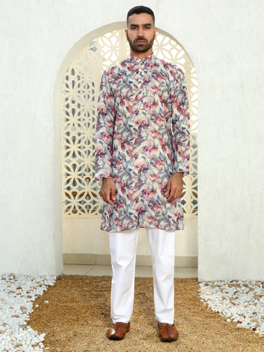 Cotton Leaf Printed Mandarin Collar Long Sleeves Kurta with white Elastic waistband Pyjama set - Image 18