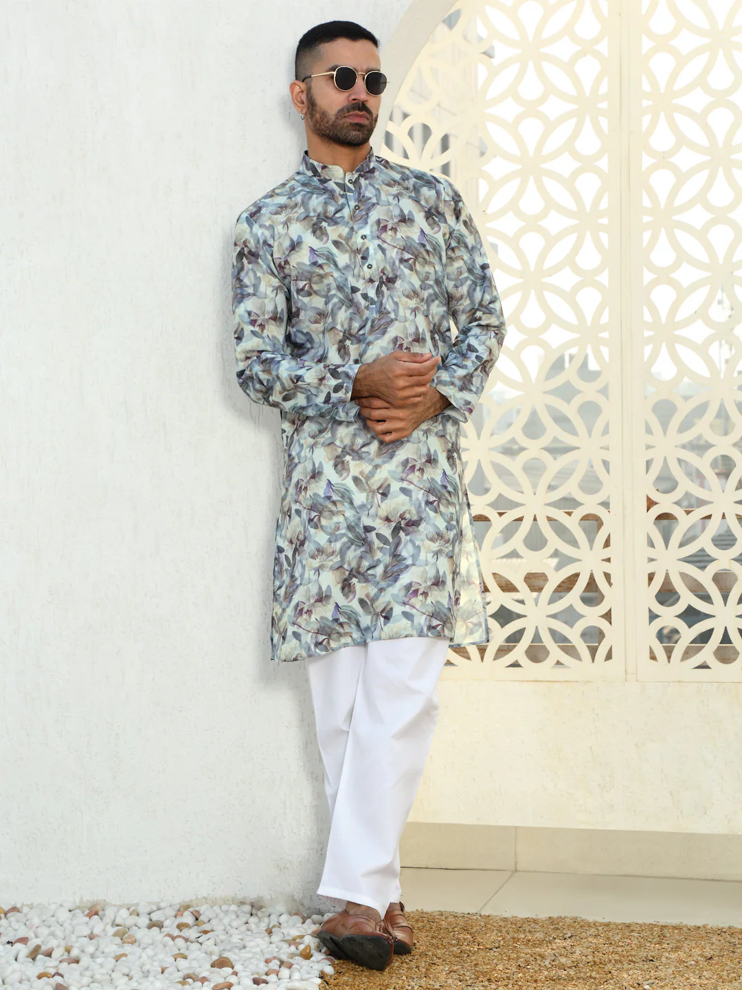 Cotton Leaf Printed Mandarin Collar Long Sleeves Kurta with white Elastic waistband Pyjama set - Image 7