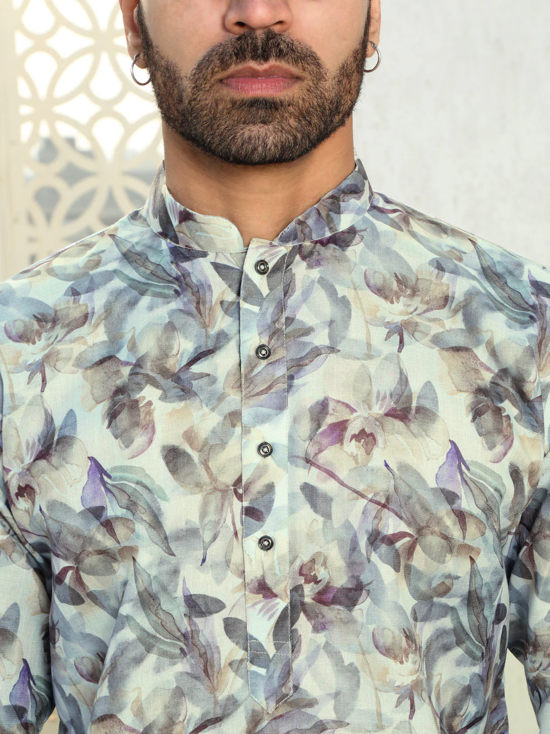 Cotton Leaf Printed Mandarin Collar Long Sleeves Kurta with white Elastic waistband Pyjama set - Image 9