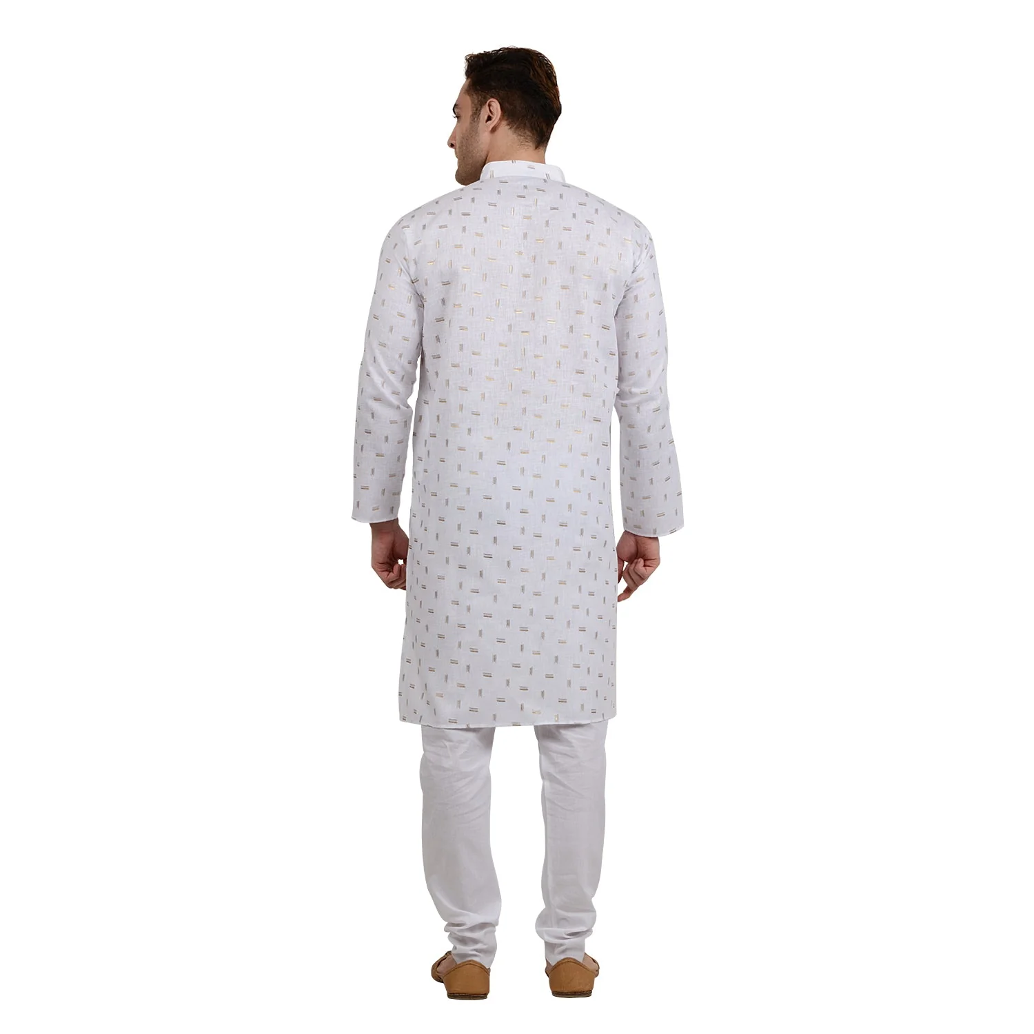 Cotton Linen with Gold Design Kurta in White - Image 4