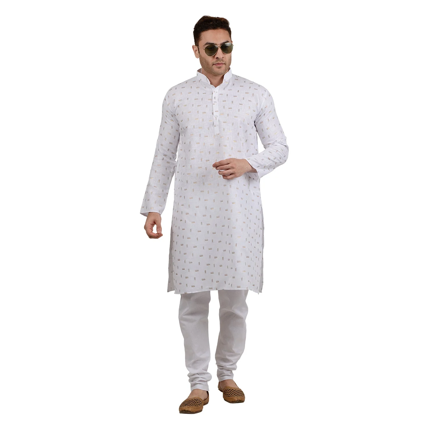 Cotton Linen with Gold Design Kurta in White - Image 5