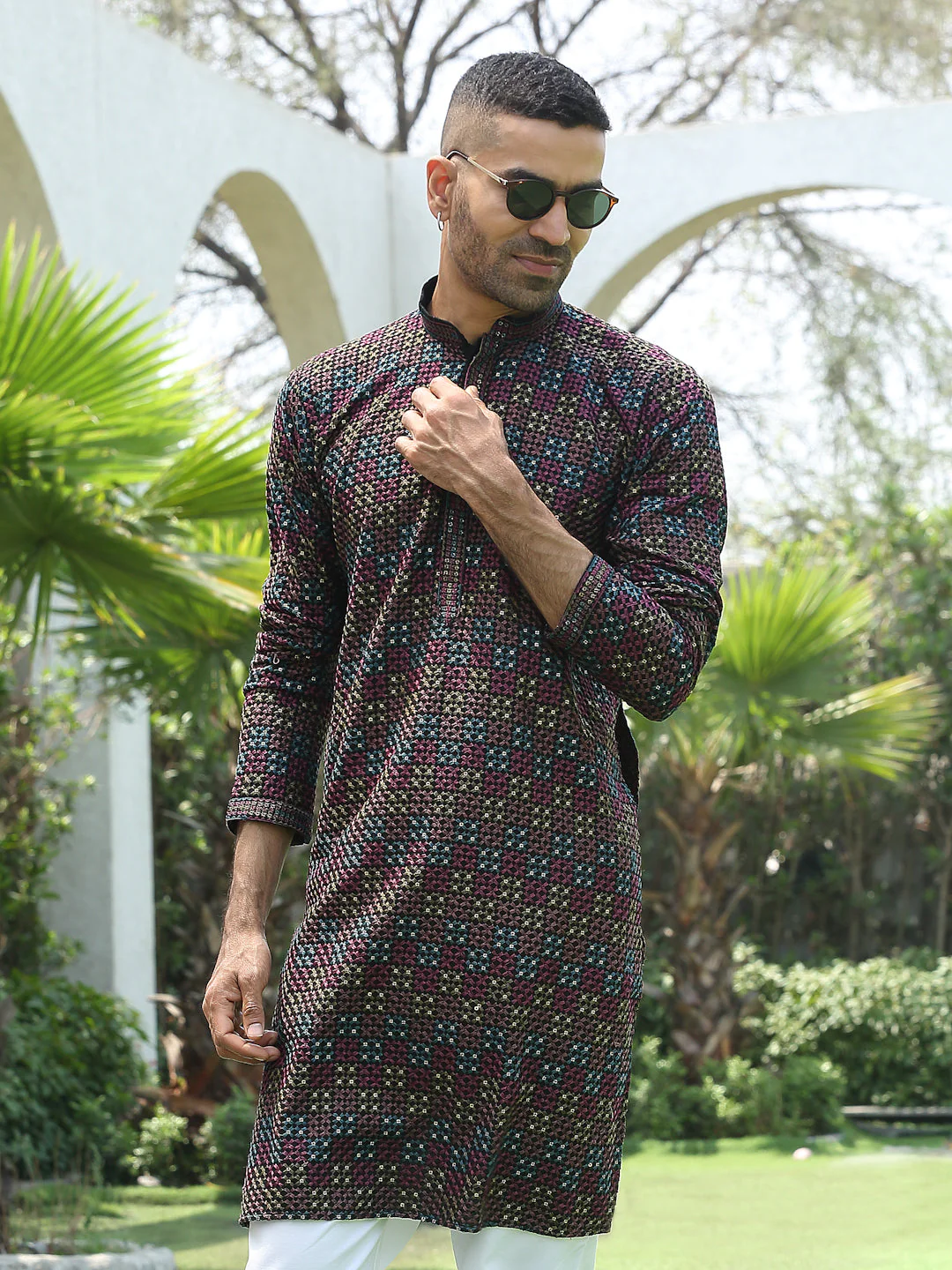 Cotton Rayon Embroidered Mandarin Collar Sequinned Kurta with Elastic Waistband White Pyjama - Image 11